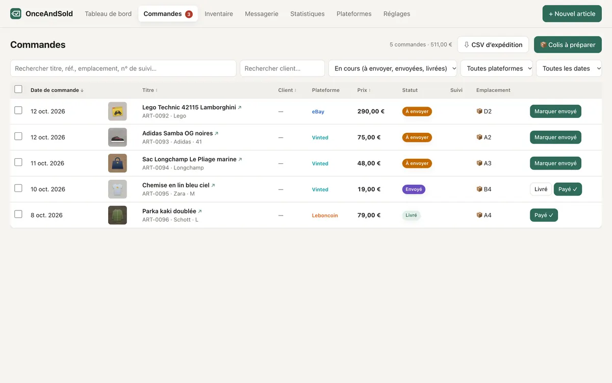 OnceAndSold orders: sales to ship, shipped and delivered, with platform, price, status and storage location