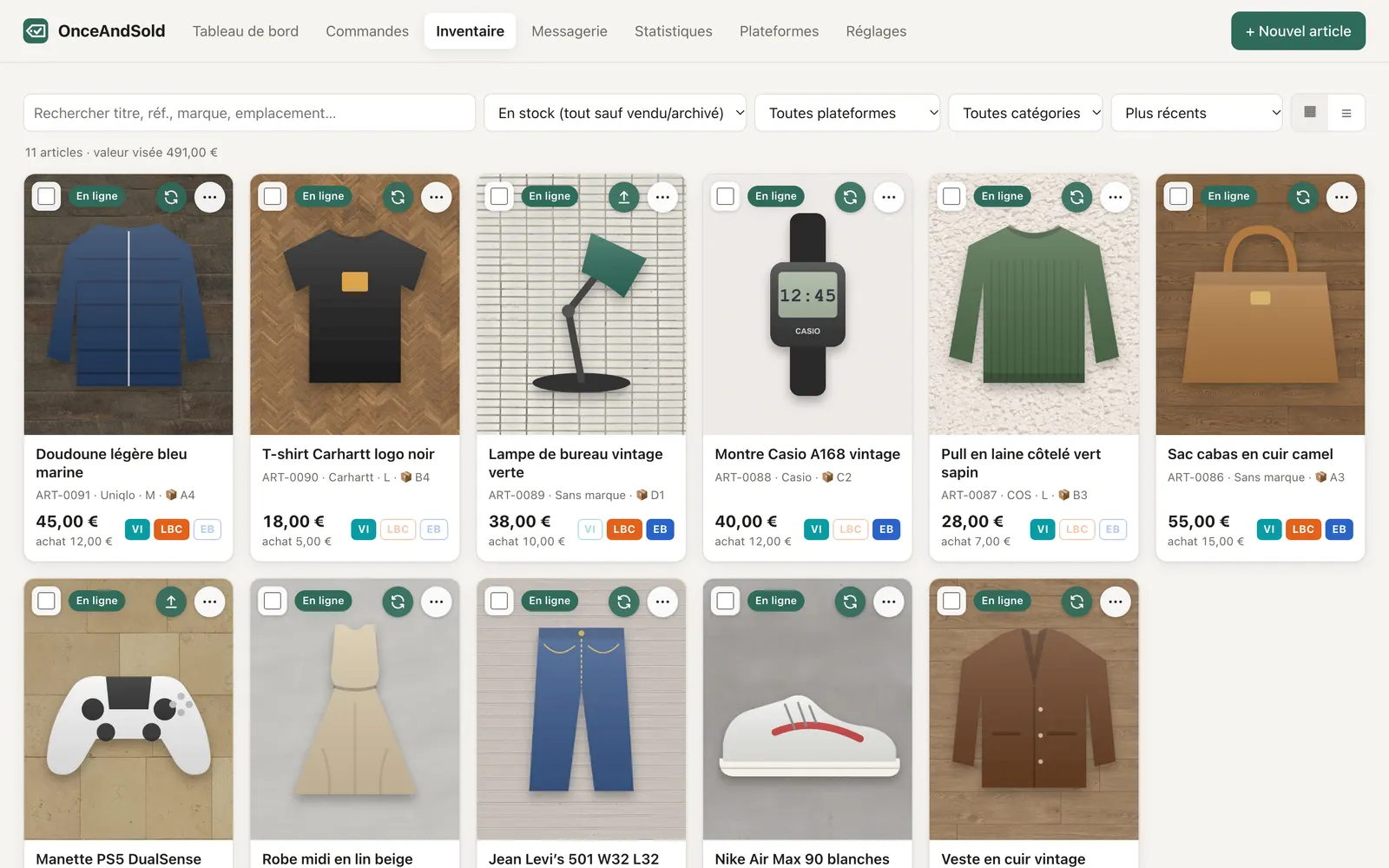 OnceAndSold inventory: item records with photo, price, location and Vinted, Leboncoin and eBay badges for each live listing